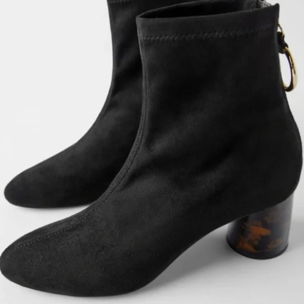 ZARA Faux suede tortoise heel ankle boots